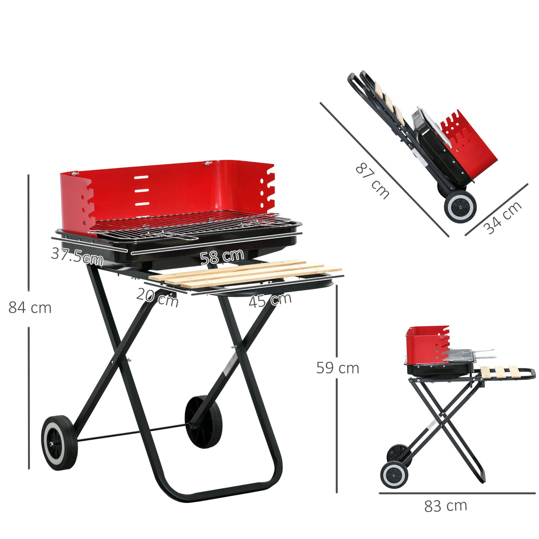 BBQ Grill Charcoal Barbecue Grill Garden Foldable BBQ Trolley w/ Windshield