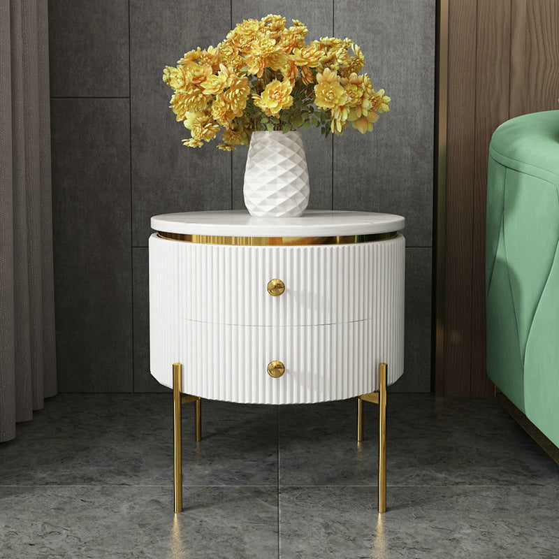 Yelly Modern Round End Table With Storage Drawers White Faux Marble Side Table Gold Legs