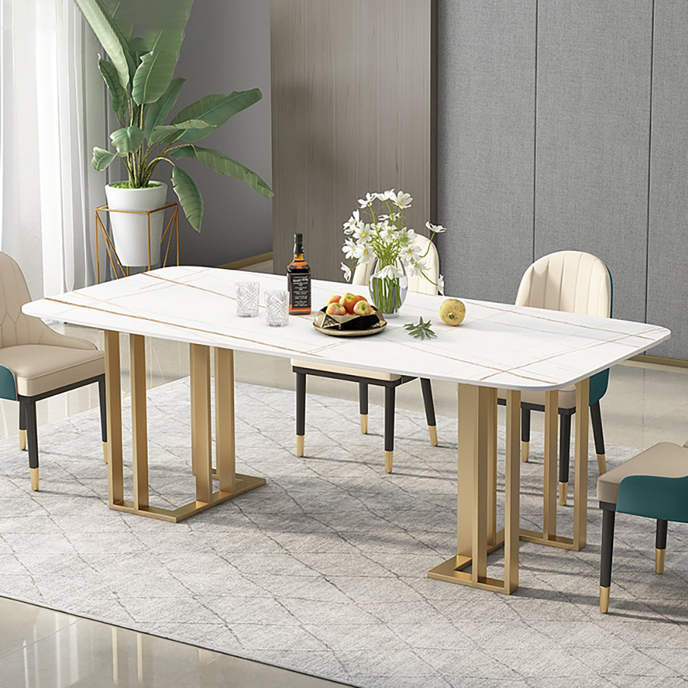 55.1" Rectangular Dining Table with Faux Marble Top & Metal Frame for 6 People Affordable Luxury White