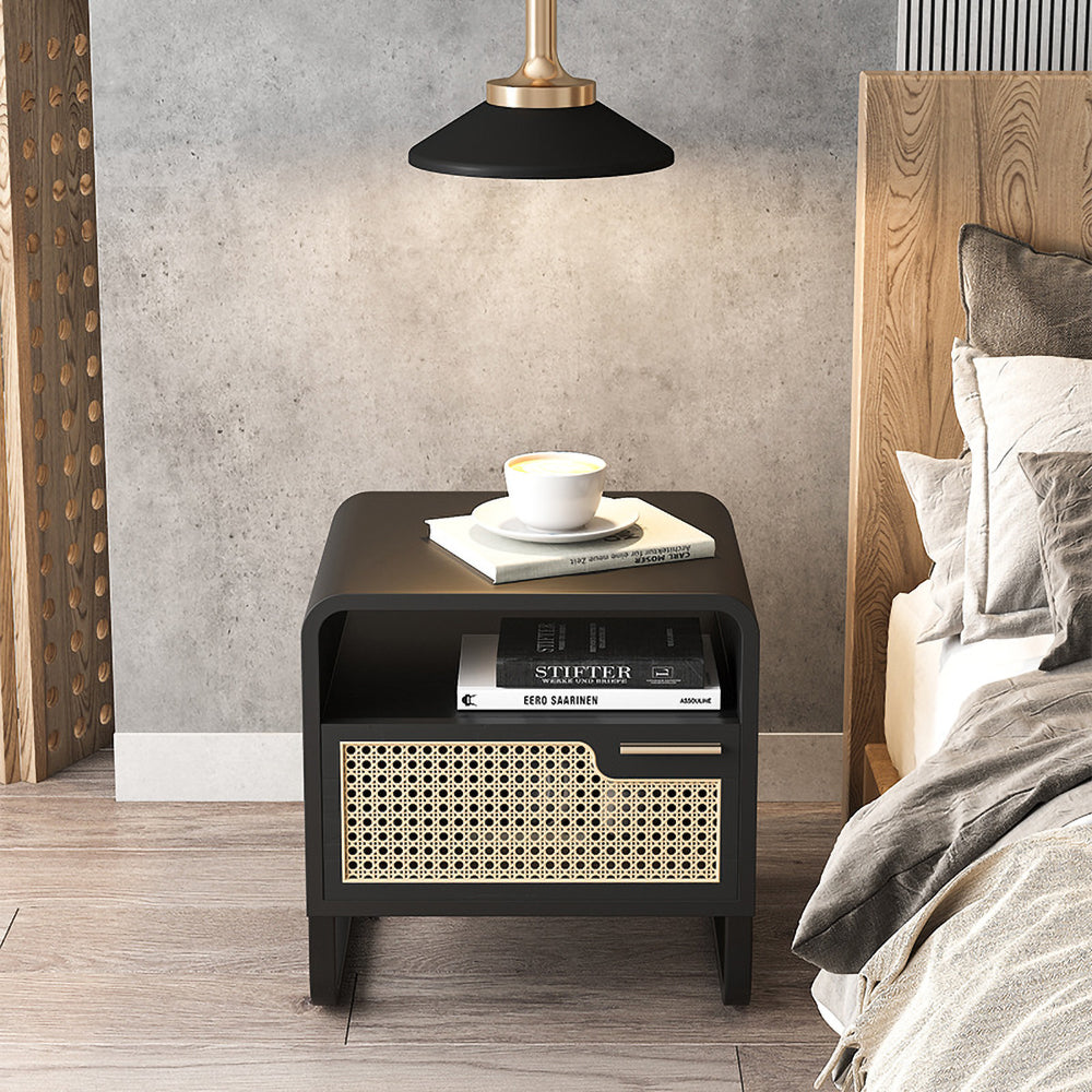 Minimalist Black Nightstand Rattan Woven Bedside Table with 1 Drawer