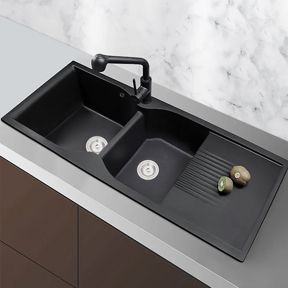 1140mm Black Quartz Kitchen Sink Double Bowl Drop-In Sink with Drain Board