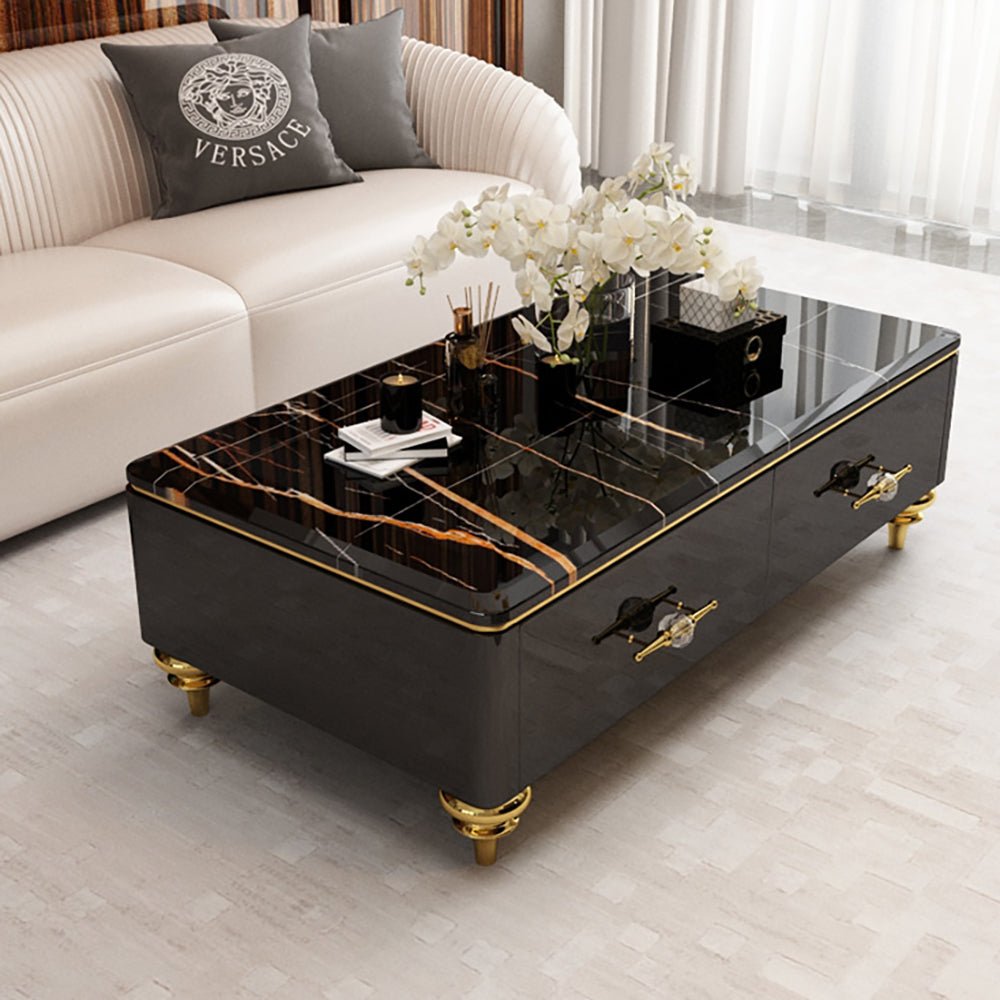 Chift 1300mm Modern Marble Coffee Table & Storage Drawers Gold Stainless Steel Legs