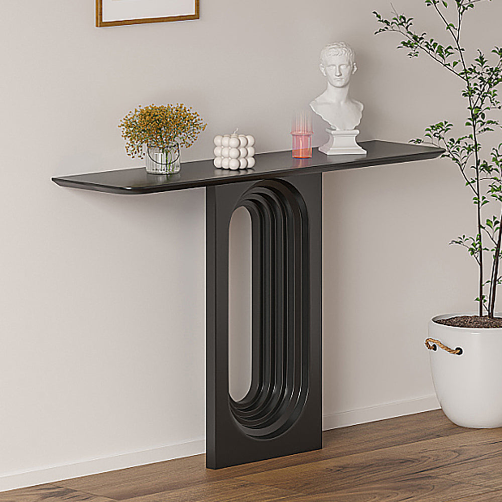 1200mm Japandi Narrow Wood Black Console Table with Geometric Pedestal Entryway Table