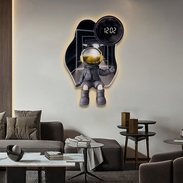 600mm LED Digital Astronaut Wall Clock Spaceman Decor Art Living Room Bedroom in Black