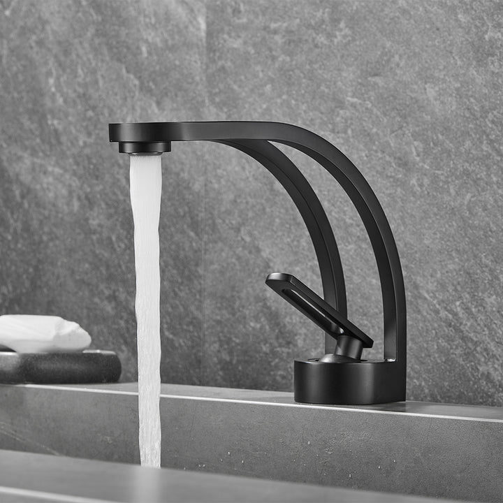 Modern Monobloc Black Bathroom Mixer Tap Single Lever Handle C-Shaped Spout Solid Brass