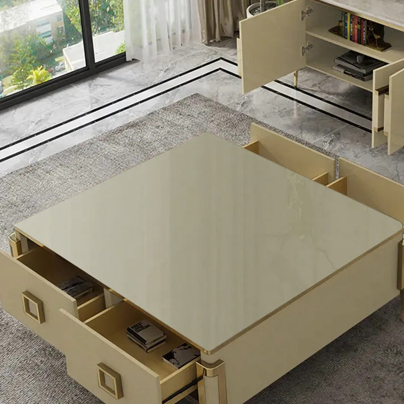 Vectic Modern Gold Rectangular Coffee Table with Drawers & Tempered Glass Tabletop