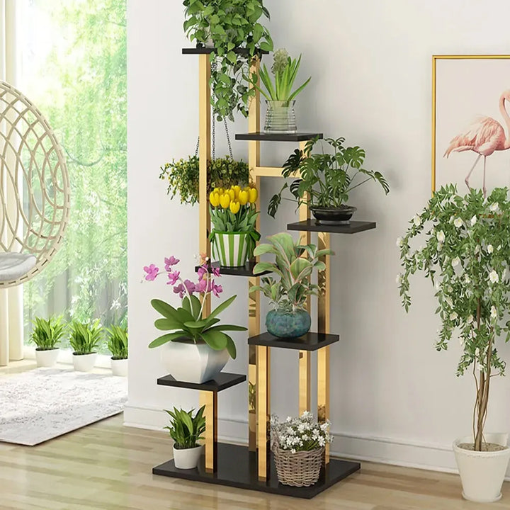 1500mm Modern Tall Metal Plant Stand 7 Tier Ladder Planter in Gold & Black