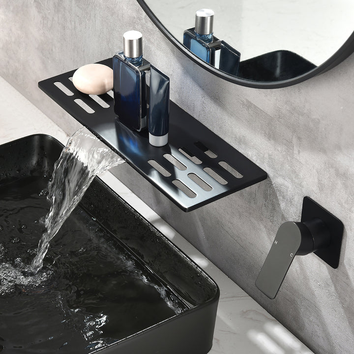 Modern Waterfall Wall Mounted Bathroom Basin Tap Single Handle in Black