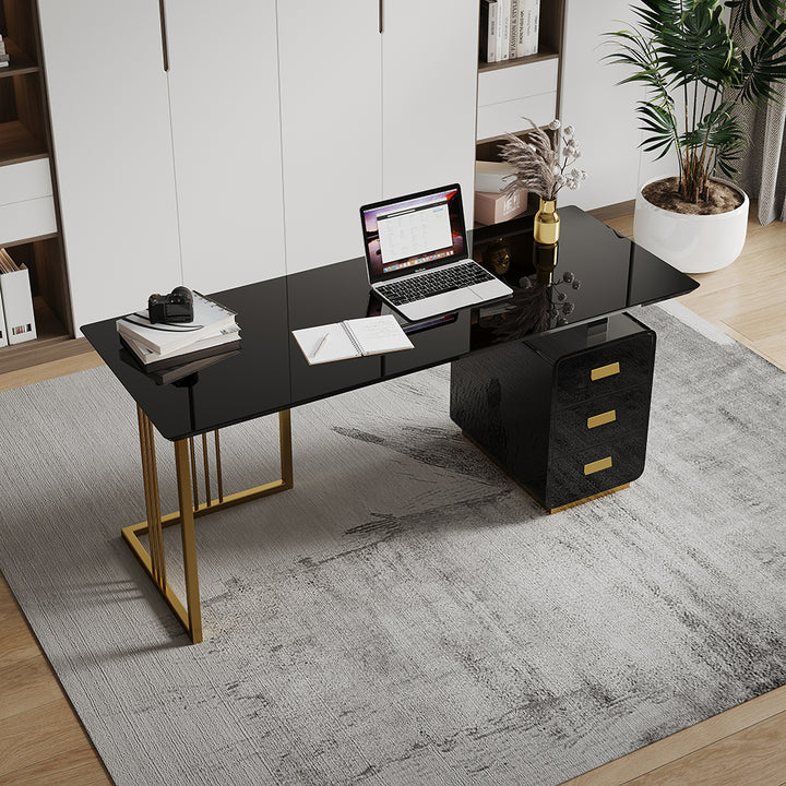 1400mm Modern Black Office Desk with Drawers & Side Cabinet in Gold Base