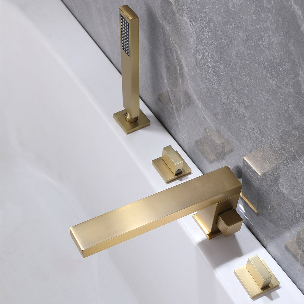 Deck Mounted Bath Filler Tap with Handshower Brushed Gold Swivel Spout