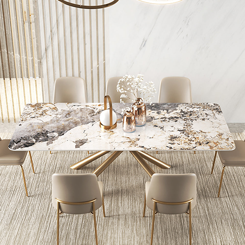 1600mm Modern Stone Top Rectangle Dining Table in Pandora & Gold with Trestle