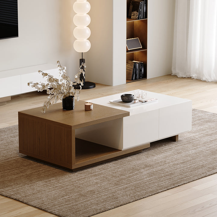 Quoint 1750mm Modern White & Walnut Coffee Table Retracted & Extendable with 2-Drawer