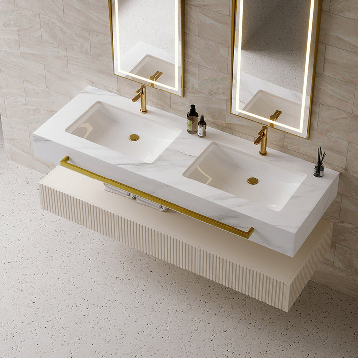 57" White Wall Mounted Double Sink Bathroom Vanity with 3 Drawers Faux Marble Top