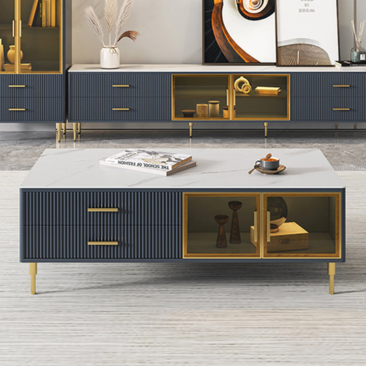 Cofab Modern Blue Coffee Table with 2 Glass Door Storage & 4 Drawers Gold Metal Legs