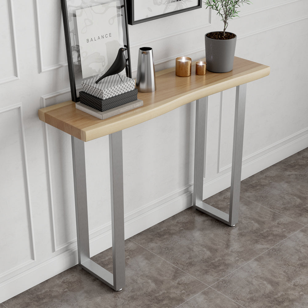 1000mm Modern Natural & Silver Console Table with Pine Wood Tabletop & Stainless Steel Base