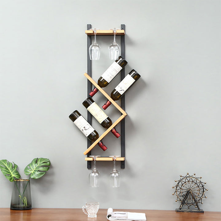 Modern Wall Mounted Wood Wine Rack 4-Bottle & 4 Wine Glass Rack Stemware Holder Rack