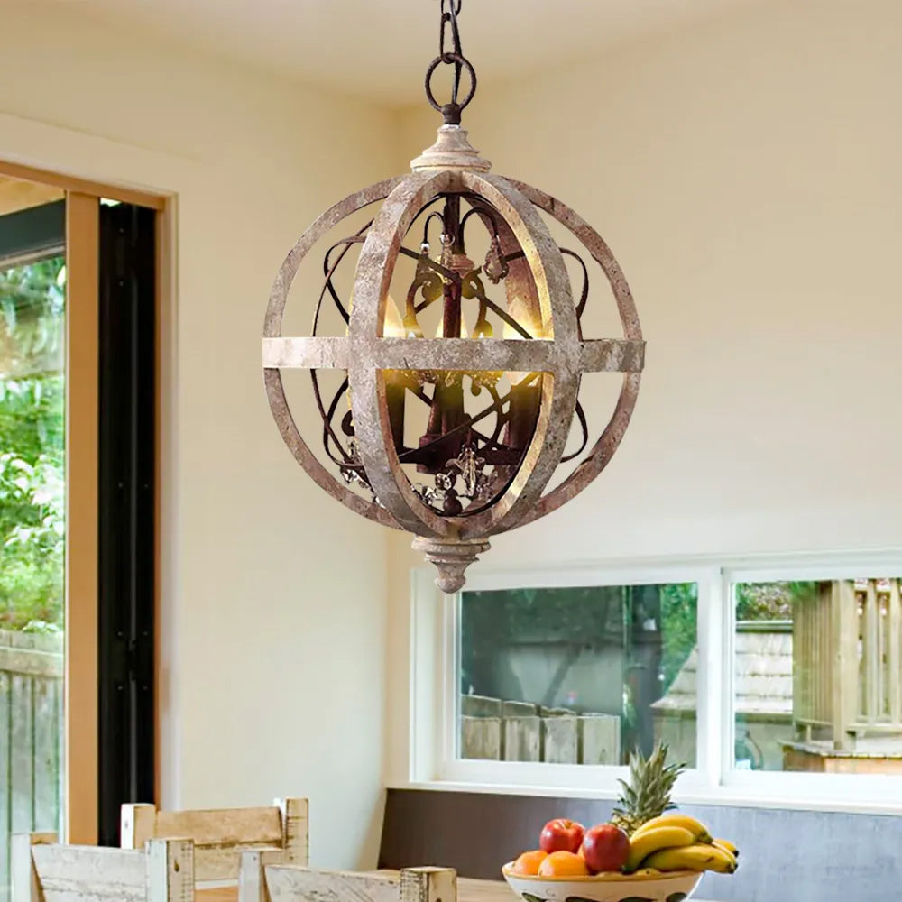 Retro Rustic Weathered Wooden Globe Metal Orb Crystal 3-Light Chandelier Small