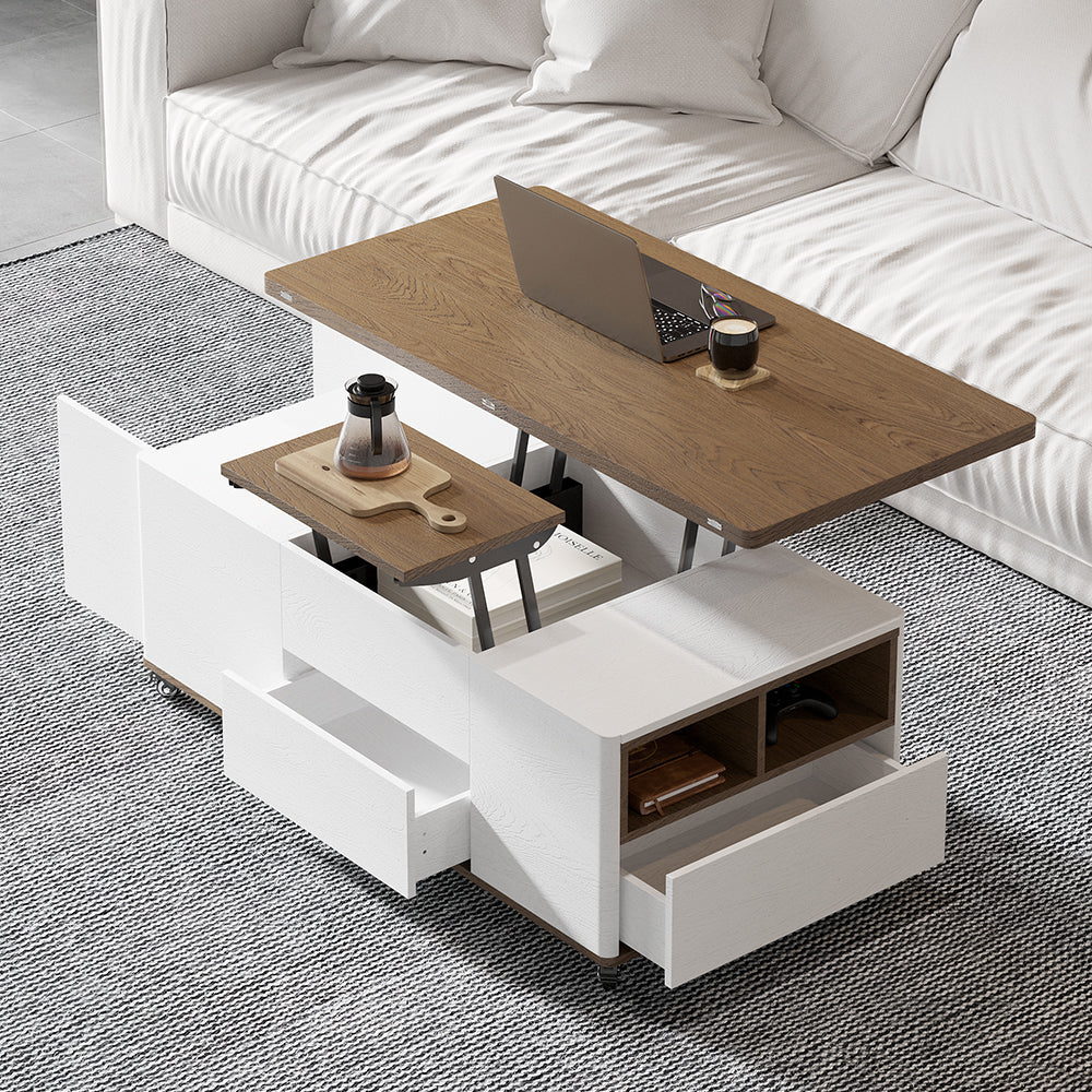 Lift Top Coffee Table Multifunctional Walnut and White Table with Drawers and Shelves