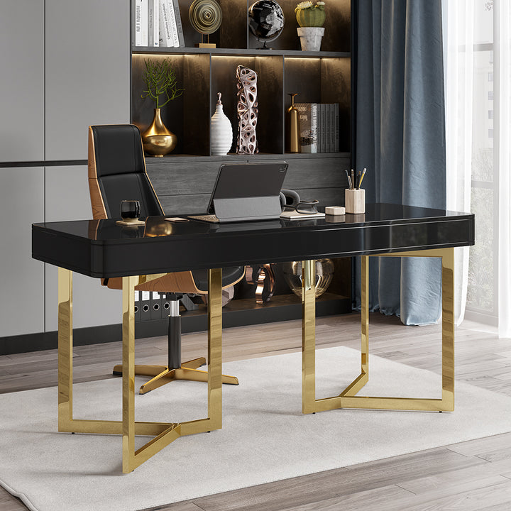 2-Drawers Black Office Desk 1400mm Modern Writing Desk Gold Tripod Base Stainless Steel