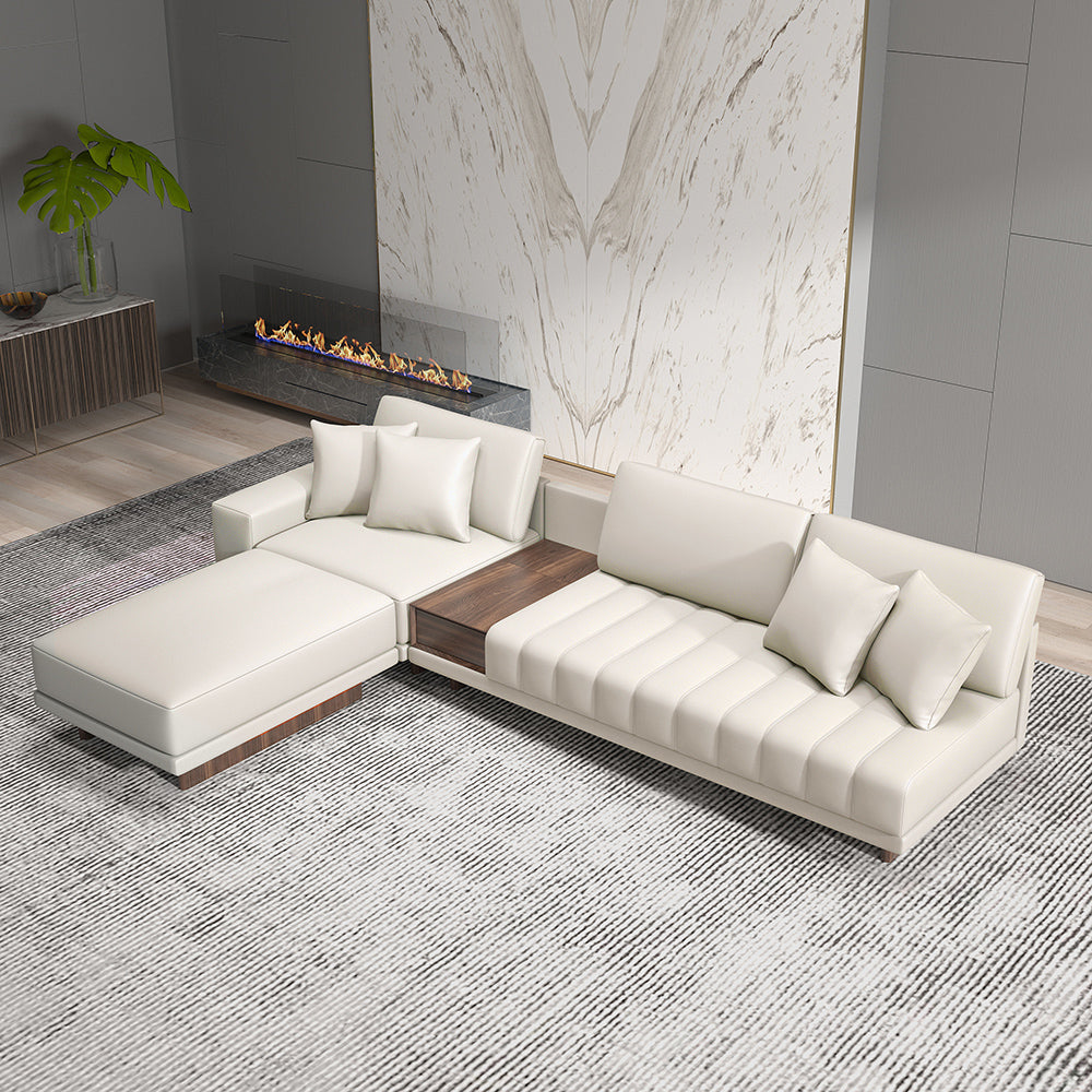 126" Leather L-Shaped Modular White Sectional Sofa with Storage Side Table and Ottoman