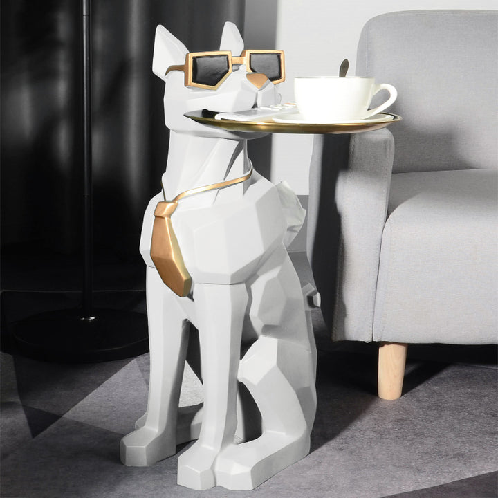 Homary Modern White Resin Dog Sculpture Cute End Side Table with Metal Storage Tray Tissue Box