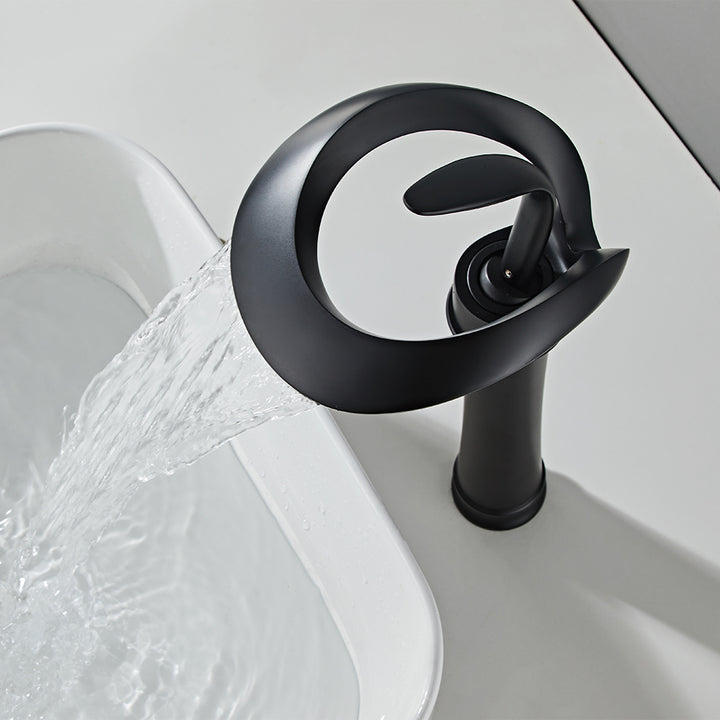 Modern Elegant Waterfall Bathroom Countertop Basin Tap Single Handle Solid Brass Black