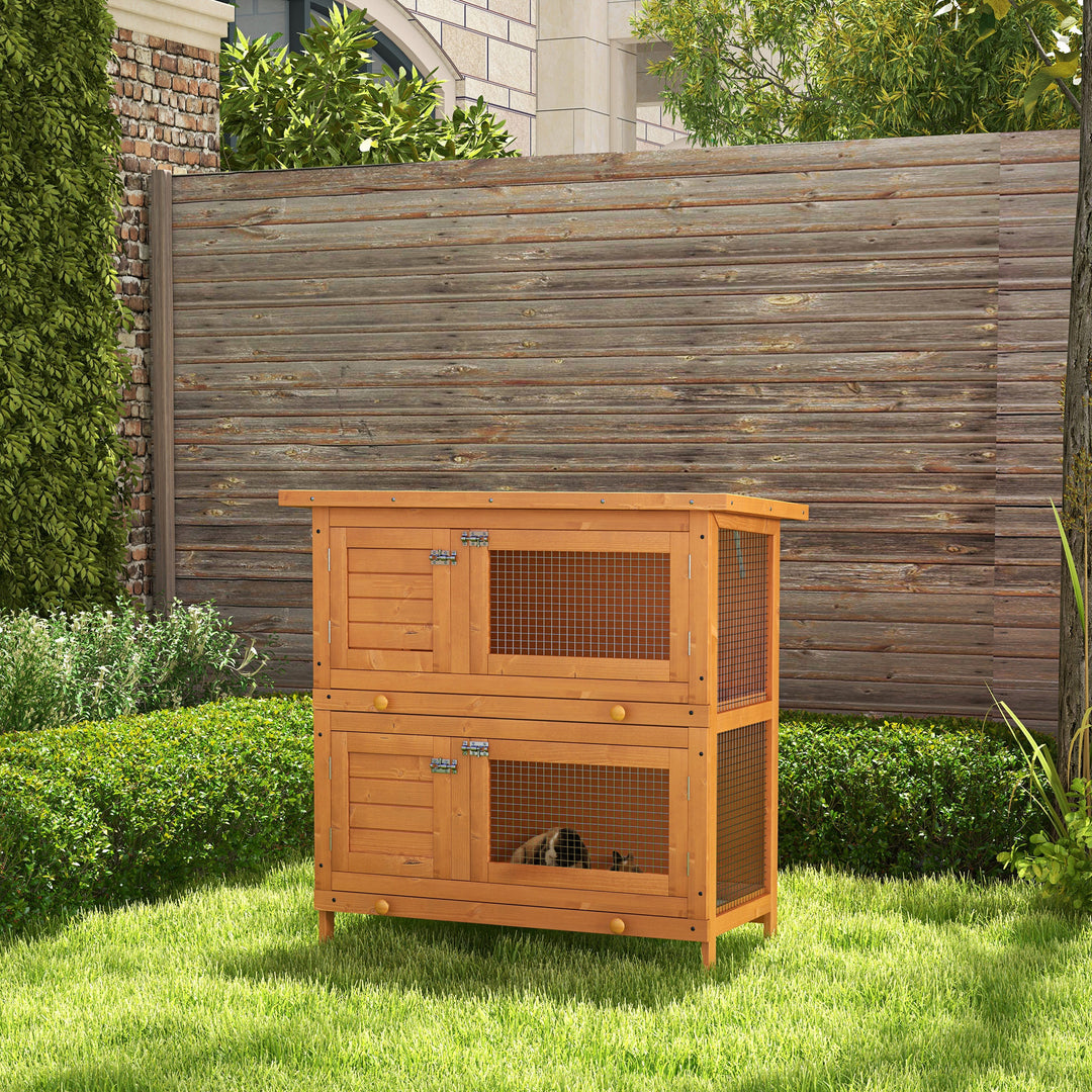 Wooden Rabbit Hutch 2 Tiers Bunny House Rabbit Cage w/ Slide-Out Tray and Hinged Opening Roof Small Animal House for Indoor