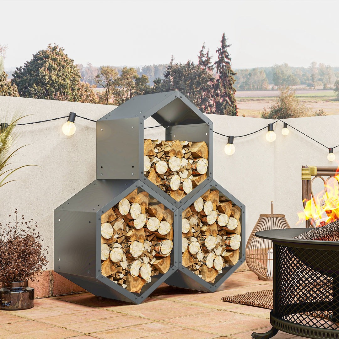 Three-Shelf Hexagon Metal Firewood Rack - Grey