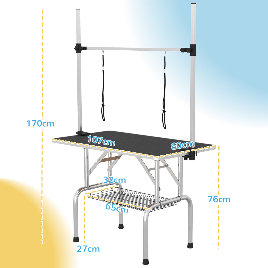 Adjustable Dog Grooming Table Rubber Top 2 Safety Slings Mesh Storage Basket Heavy Metal Black 107 x 60 x 170cm