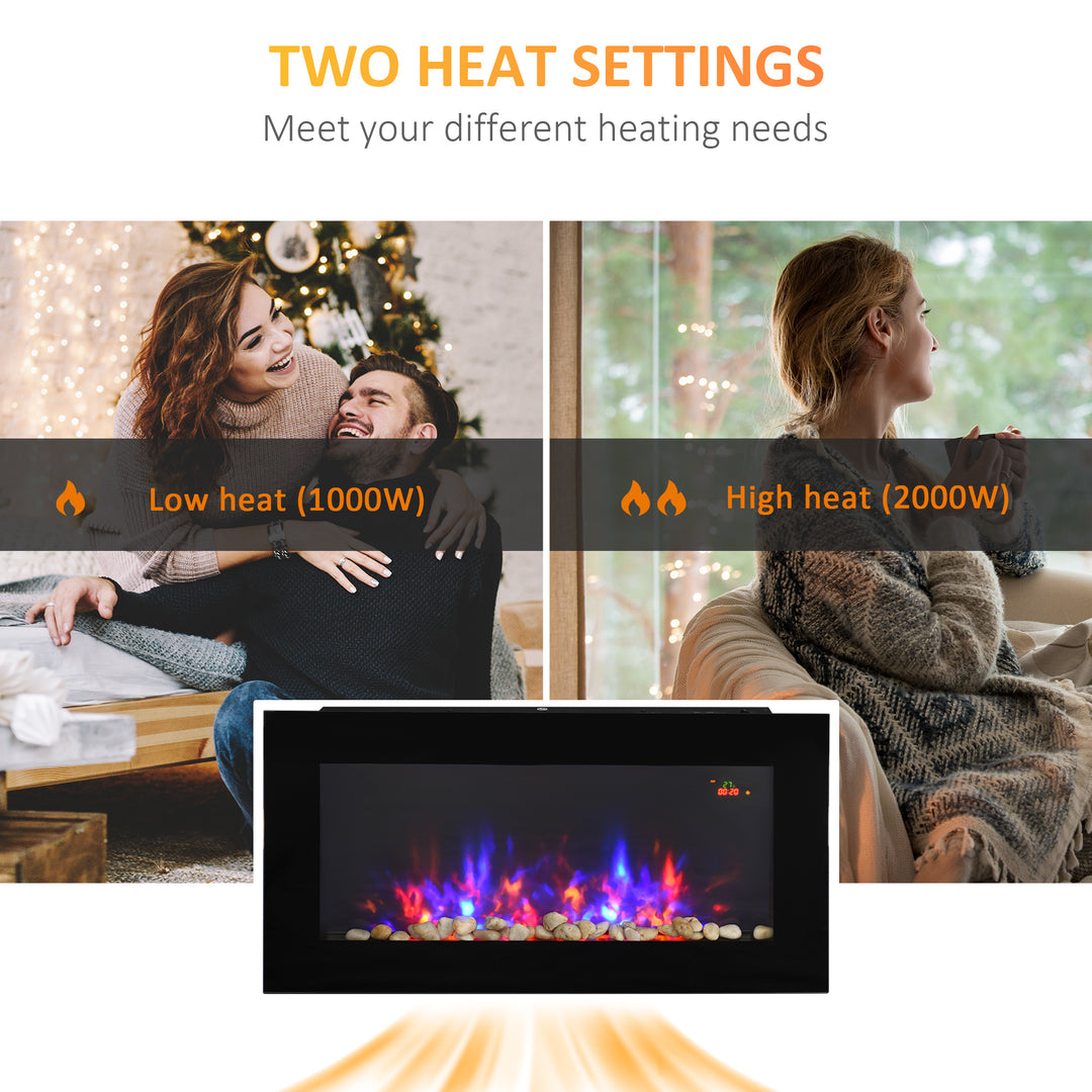 1000W/2000W LED Electric Fireplace w/ Automatic Function Remote Faux Flame Wall Home Heater Backlight Timer Sleek Stylish