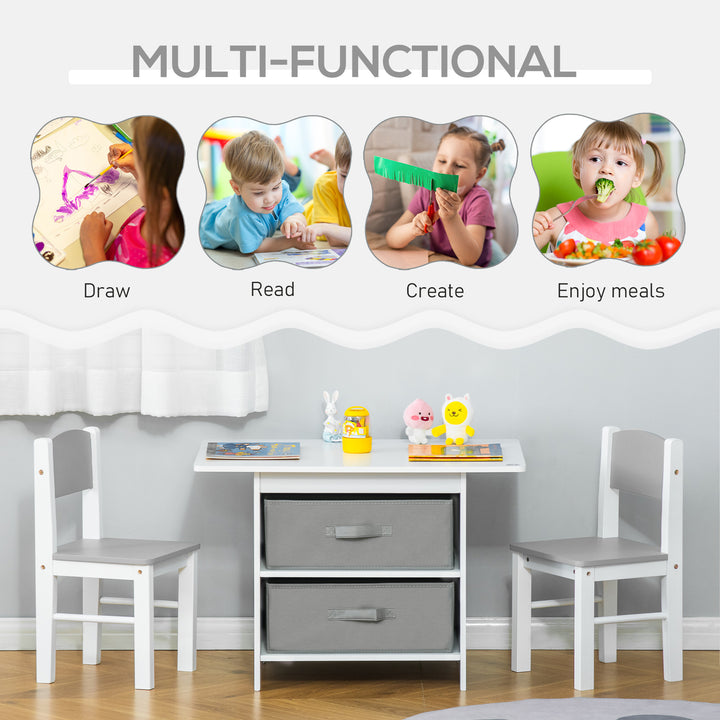 3 Pcs Kids Table & Chairs Set Mini Seating Furniture Home Playroom w/ Storage Drawers Safe Corners for 2-4 Years old White