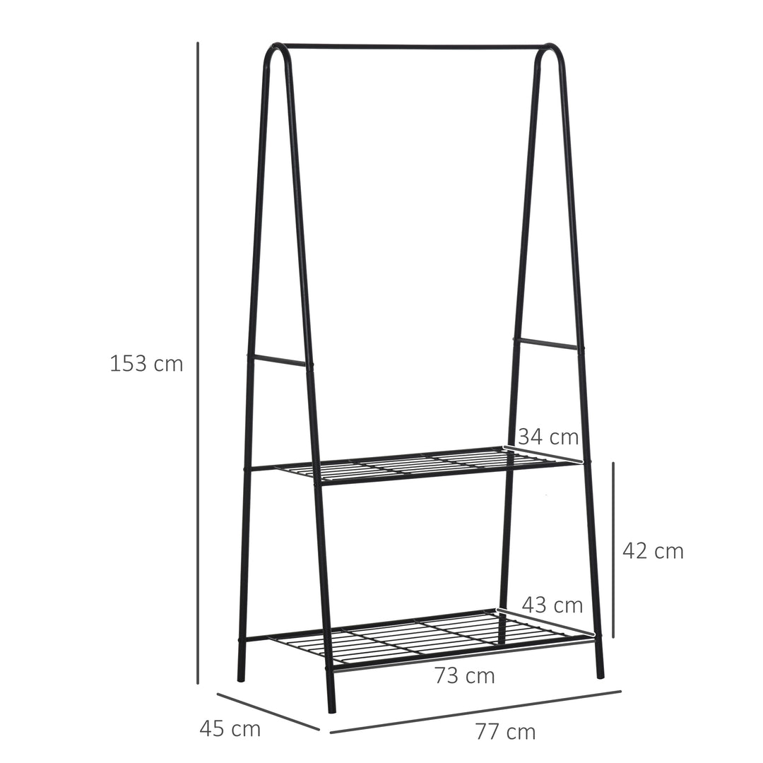 Metal Clothes Rack Coat Garment Hanger Hallway Organiser Hanging Rail Stand 2-tier Shoe Shelving A Shaped 77L x 45W x 153H cm Black