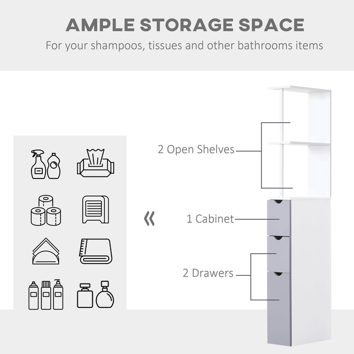 HOMCOM Slimline Bathroom Storage Free-Standing Bathroom Cabinet Unit Tall Shelf Toilet Tissue Cupboard w/Drawers - Grey and White Aosom UK