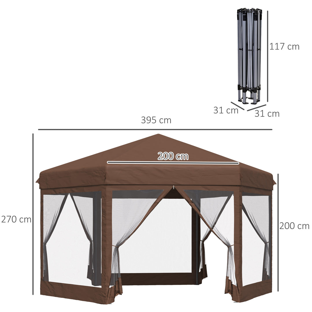 3x3.5m Hexagonal Pop Up Gazebo Party Canopy Height Adjustable Tent Sun Shelter w/ Mosquito Netting Zipped Door