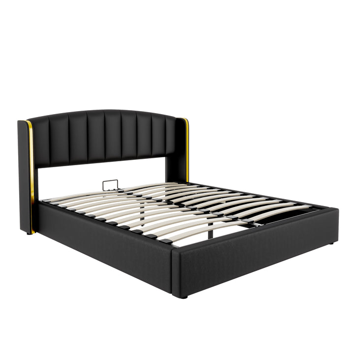 Double Stylish Upholstered Bed with Hydraulic Storage and Gold Edge Ear Design