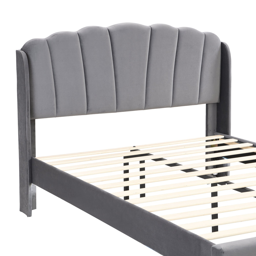 King Size Velvet Fabric Upholstered Bed with Body-Sensing LED Lights and Wood Slatted Frame