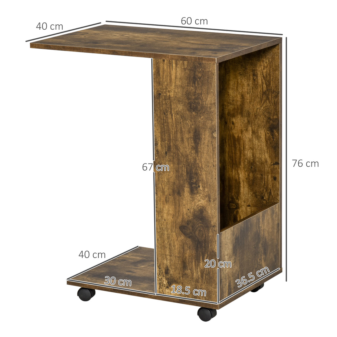 Mobile Sofa Side Table C-Shape End Table with Storage and Casters for Laptop Coffee Snack