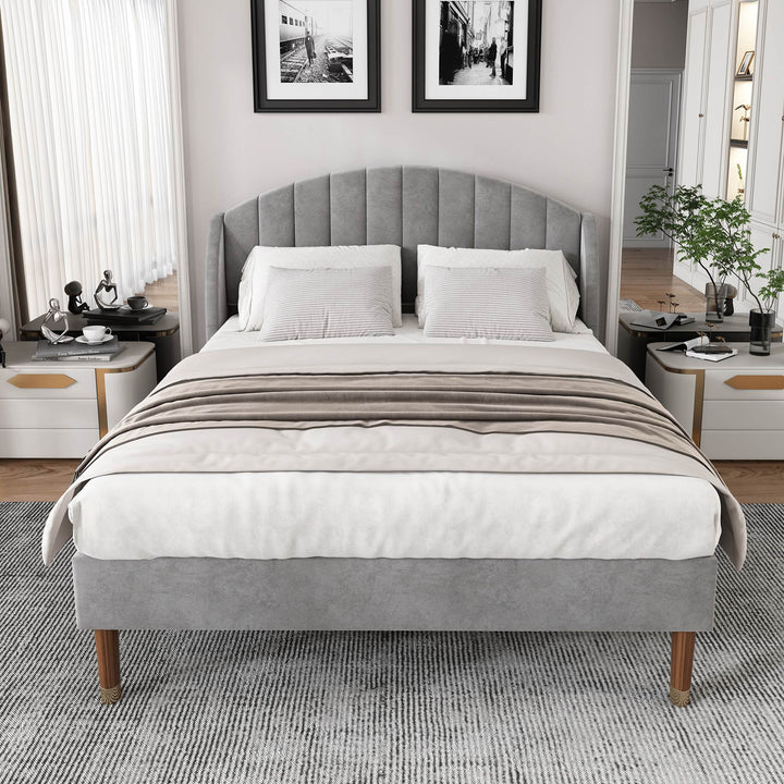 King Size Velvet Fabric Upholstered Bed with Slatted Frame and Headboard