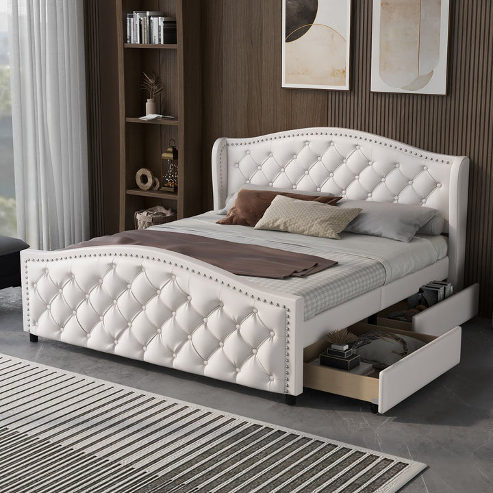 Double Upholstered Bed with Slatted Frame and 2 Drawers