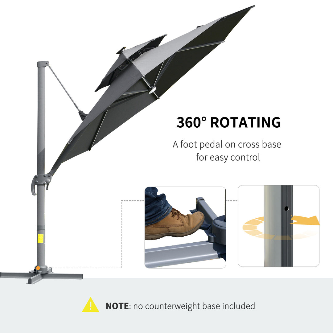 3m Cantilever Parasol w/ Solar Lights Power Bank Cross Base Adjustable Canopy 360° Spin Garden Umbrella 2-Tier Roof Sun Shade Grey