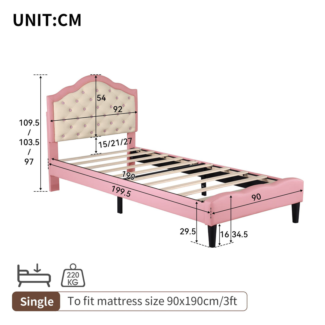 3FT Single Wood Bed with Adjustable Padded Headboard