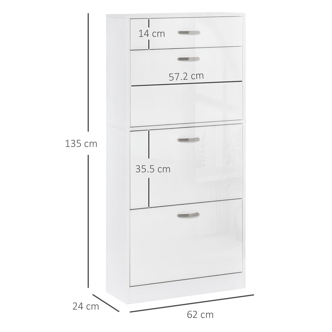 Shoe Cabinet with 4 Drawers Storage High Gloss Cupboard w/ Flip Doors Pull Down Furniture Unit w/ Adjustable Shelves for 18 Pairs