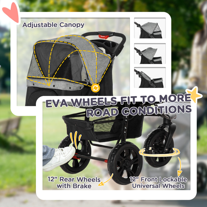 Dog Pushchair Folding Pet Stroller 3 Wheel Dog Jogger Travel Carrier Adjustable Canopy Storage Brake Mesh Window Grey