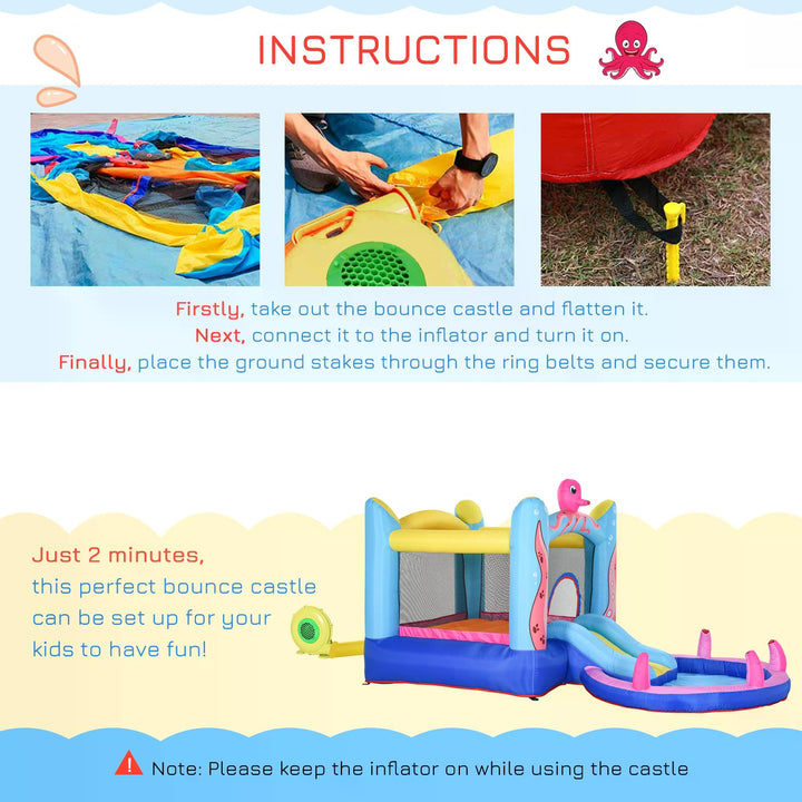 Kids Bounce Castle House Inflatable Trampoline Slide Water Pool 3 in 1 with Inflator for Kids Age 3-12 Octopus Design 3.8 x 2 x 1.8m