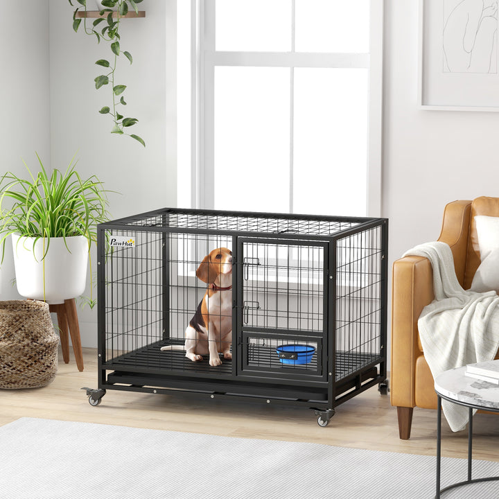 43" Heavy Duty Dog Crate on Wheels w/ Bowl Holder