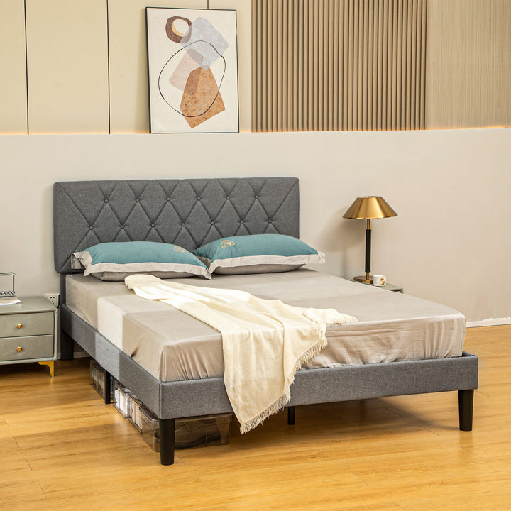 Double Bed Frame with 5-Level Adjustable Linen Upholstered Headboard