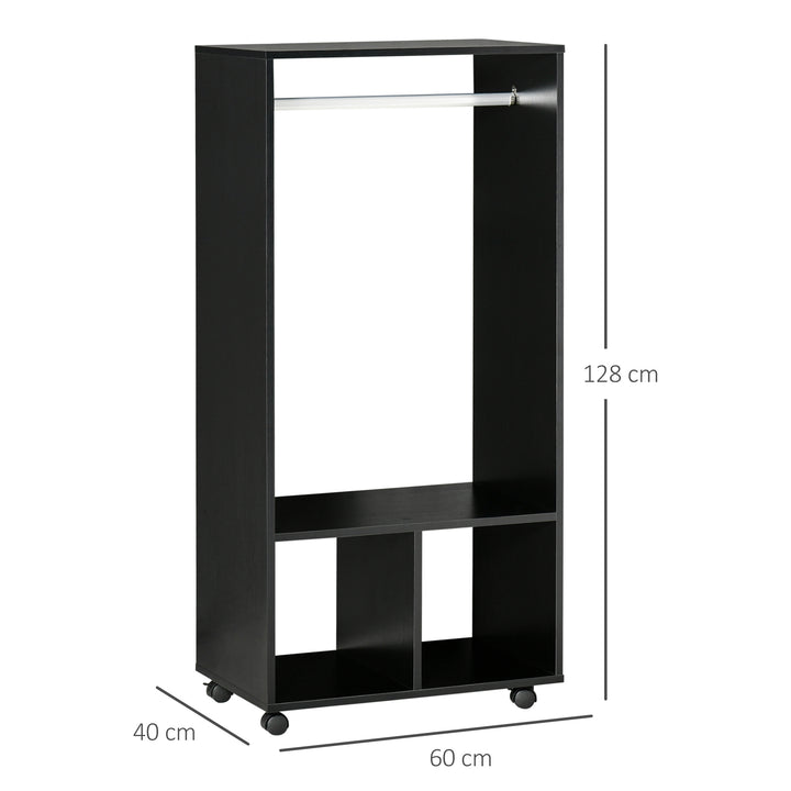 HOMCOM Mobile Open Wardrobe with Clothes Hanging Rail and Storage Shelves, on Wheels, for Bedroom, Dressing Room, Black