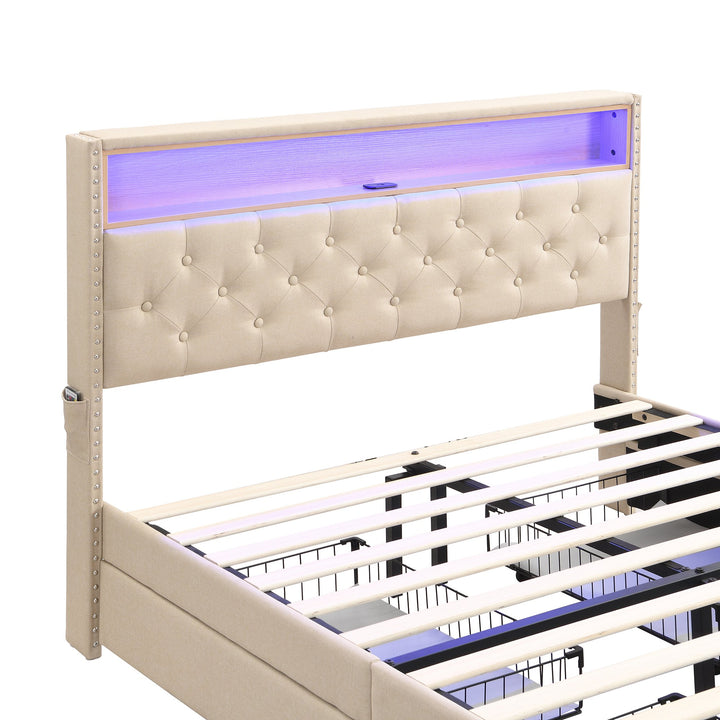 Double Linen Upholstered Bed with LED Lights and Four Storage Drawers