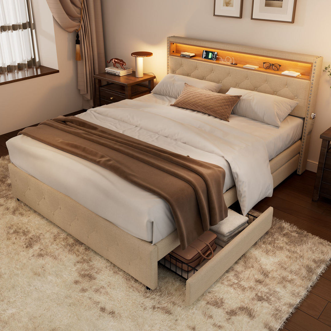 Double Linen Upholstered Bed with LED Lights and Four Storage Drawers