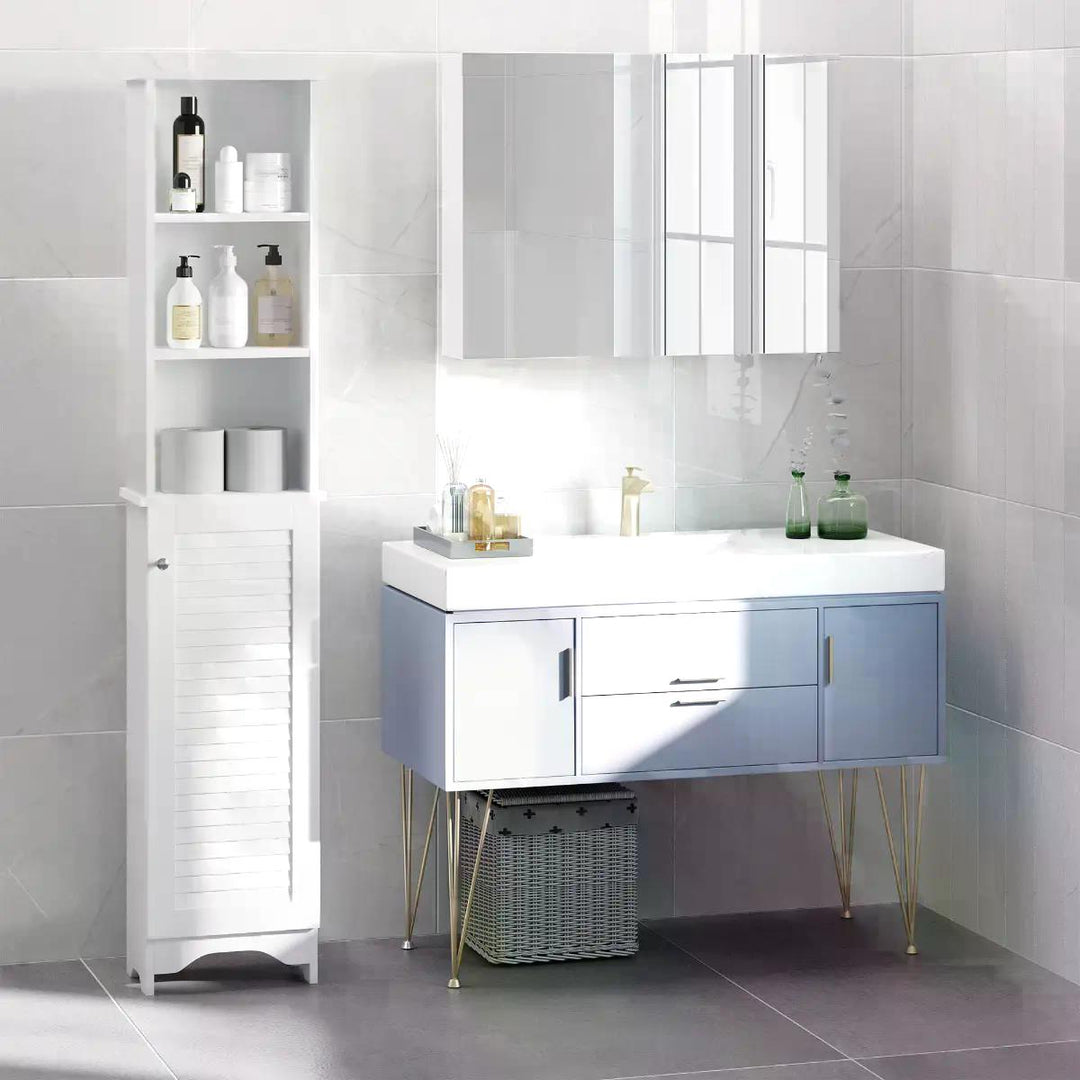 Freestanding Tallboy Bathroom Storage Cabinet w/ 6 Shelves Cupboard Tower Organisation Home Bathroom Furniture White